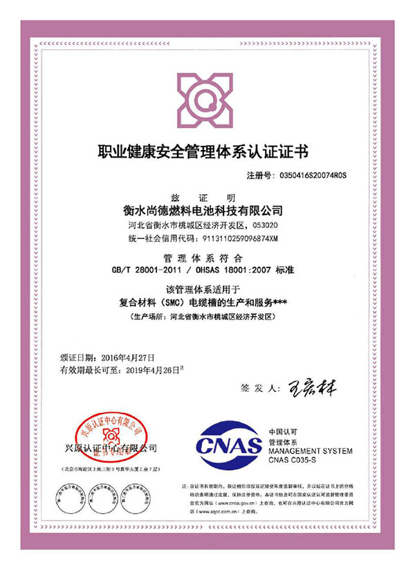 職業(yè)健康安全管理體系認證證書